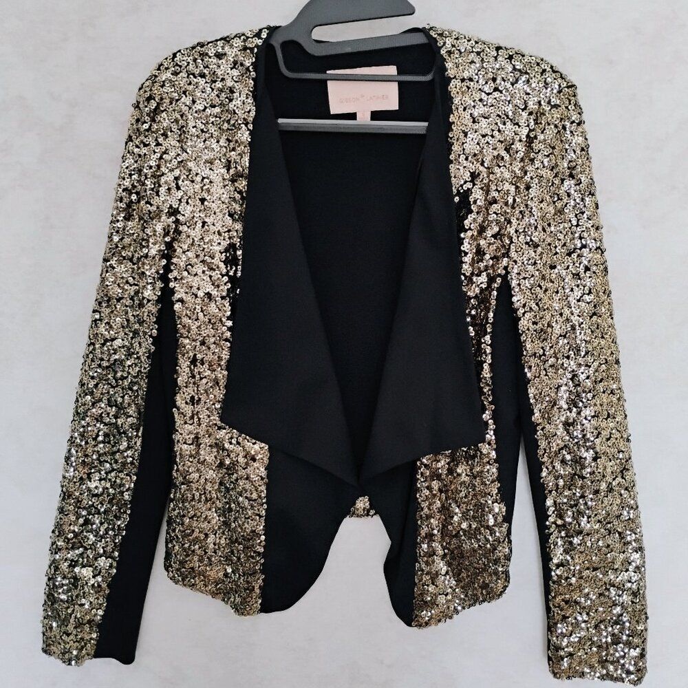 Gibson Latimer Black Gold Sequin Open Front Blazer Small